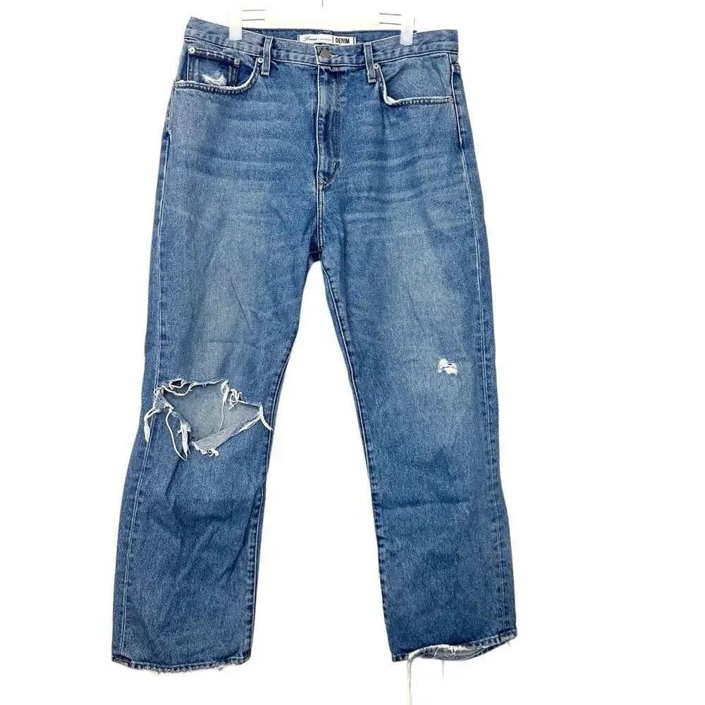 Lovers + Friends Distressed High Rise Straight Leg Denim Jeans Indigo Size 32